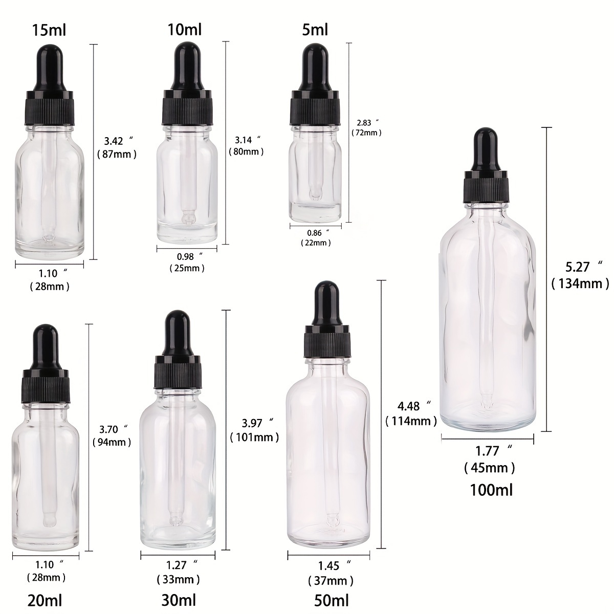 Refillable Glass Dropper Bottles with Pipettes, black lid