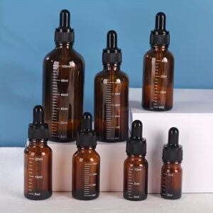 Brown Glass Dropper Bottles: Essential Oil Containers, Refillable, DIY Cosmetics Samples, With scale - Image 1