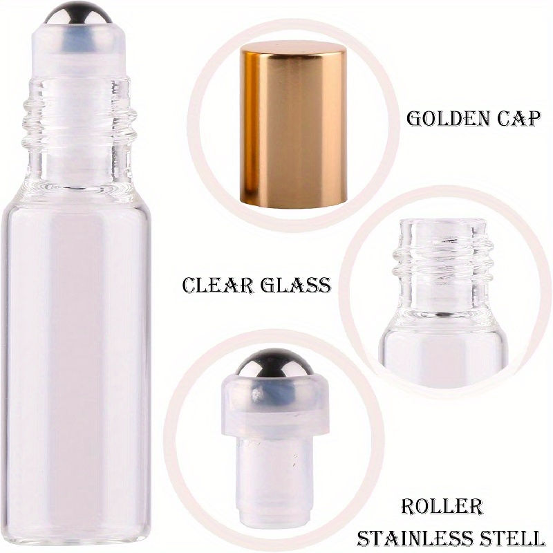 Clear Glass Roller Bottles for Essential Oils – Refillable gloden cap