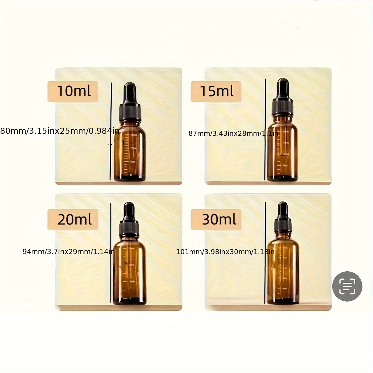 Brown Glass Dropper Bottles: Essential Oil Containers, Refillable, DIY Cosmetics Samples,  With scale