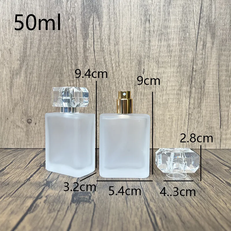 50ML Square Frosted Glass Spray Bottle Crystal‑Cut Cap Travel Home DIY Container