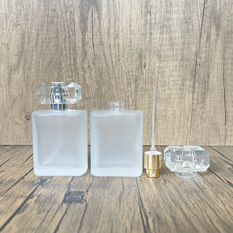 50ML Square Frosted Glass Spray Bottle Crystal‑Cut Cap Travel Home DIY Container