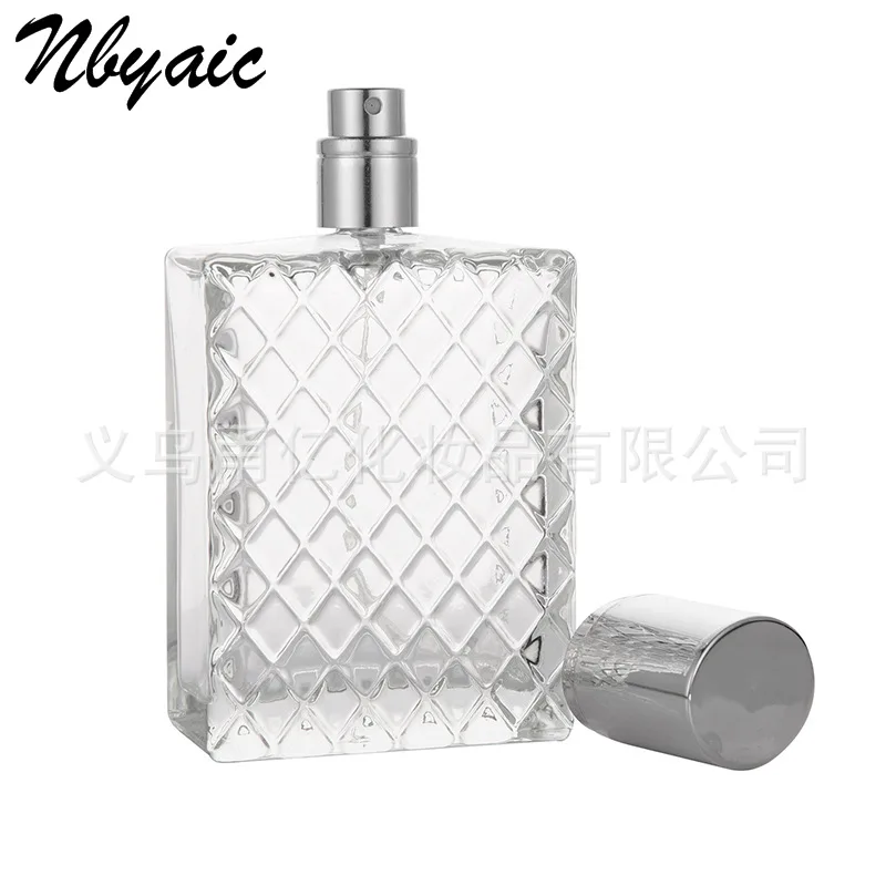 100ML Square Rhombus‑Patterned Glass bottle Perfume Atomizer Gold Silver Cap