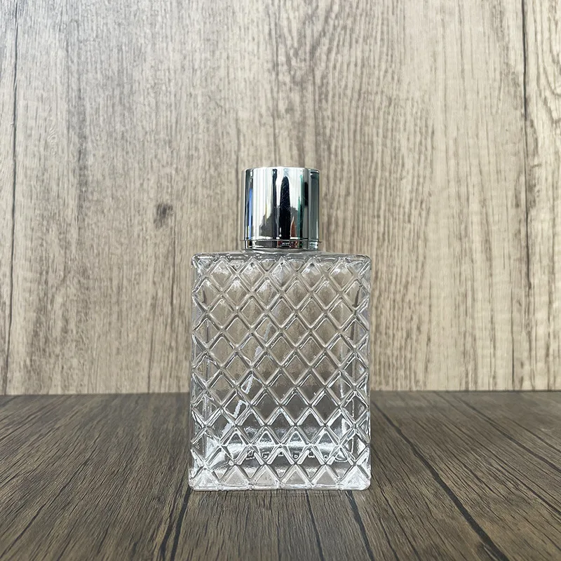 100ML Square Rhombus‑Patterned Glass bottle Perfume Atomizer Gold Silver Cap