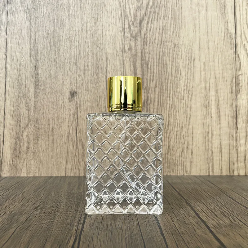 100ML Square Rhombus‑Patterned Glass bottle Perfume Atomizer Gold Silver Cap