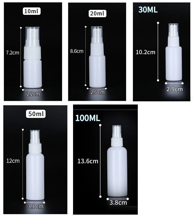 10-100ml HDPE White Refillable Spray Bottle Light-proof Travel Cosmetic Alcohol