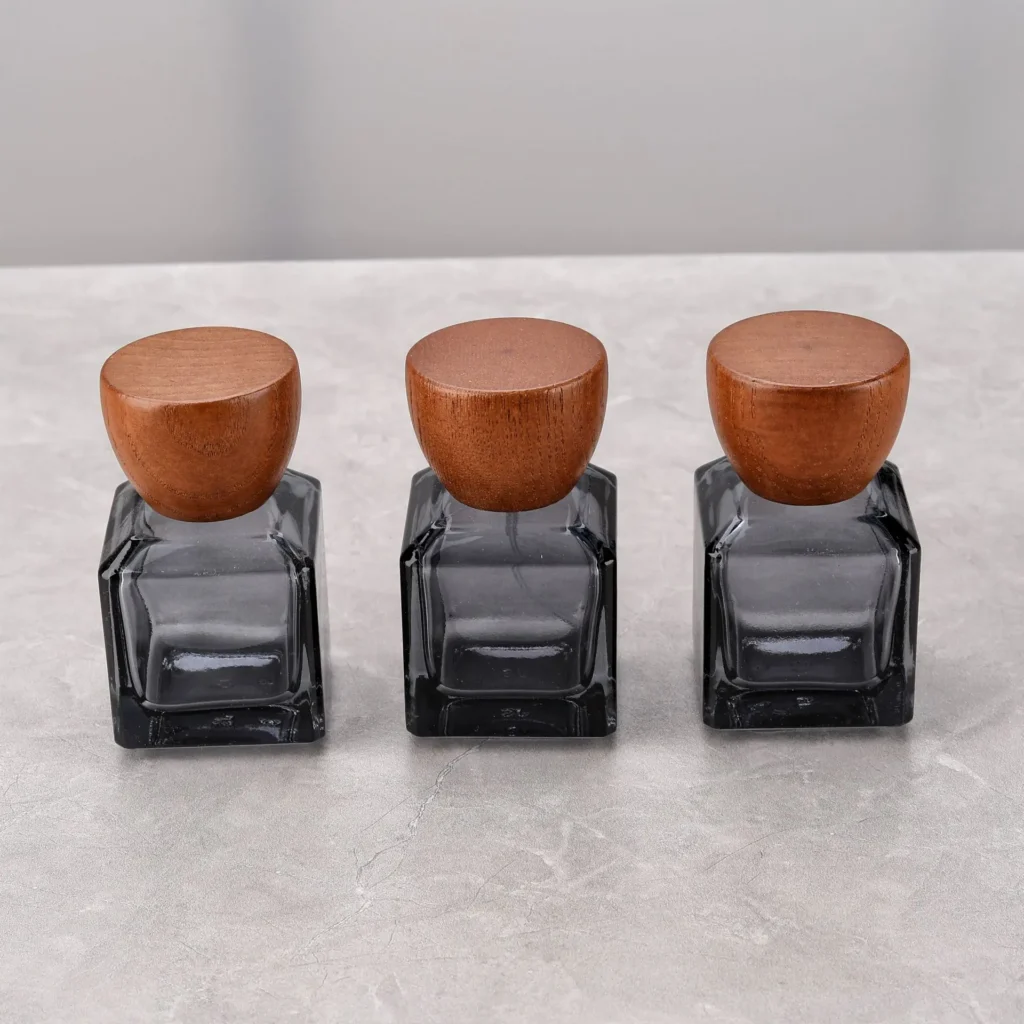 50ml Square Ash Finish Glass Travel Refillable Perfume Spray Bottle Wooden Cap