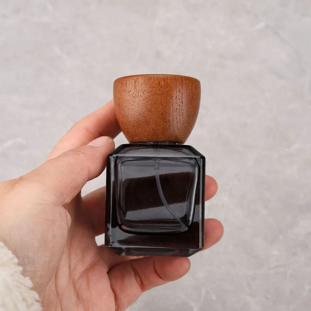 50ml Square Ash Finish Glass Travel Refillable Perfume Spray Bottle Wooden Cap
