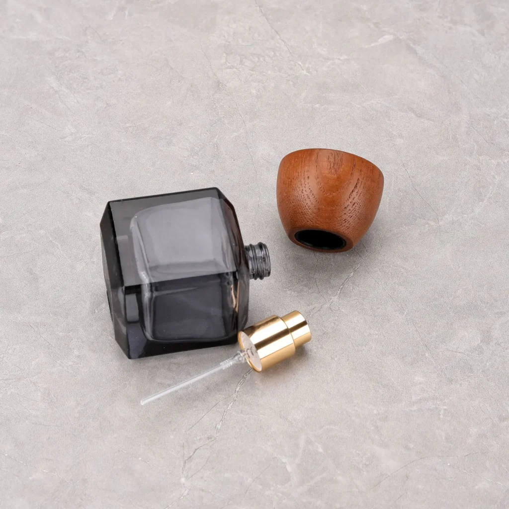 50ml Square Ash Finish Glass Travel Refillable Perfume Spray Bottle Wooden Cap