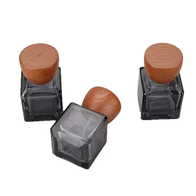50ml Square Ash Finish Glass Travel Refillable Perfume Spray Bottle Wooden Cap